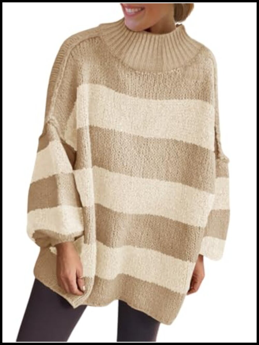 Oversized Striped Chunky Mock Neck Pullover Sweater Women Long Lantern Sleeve
